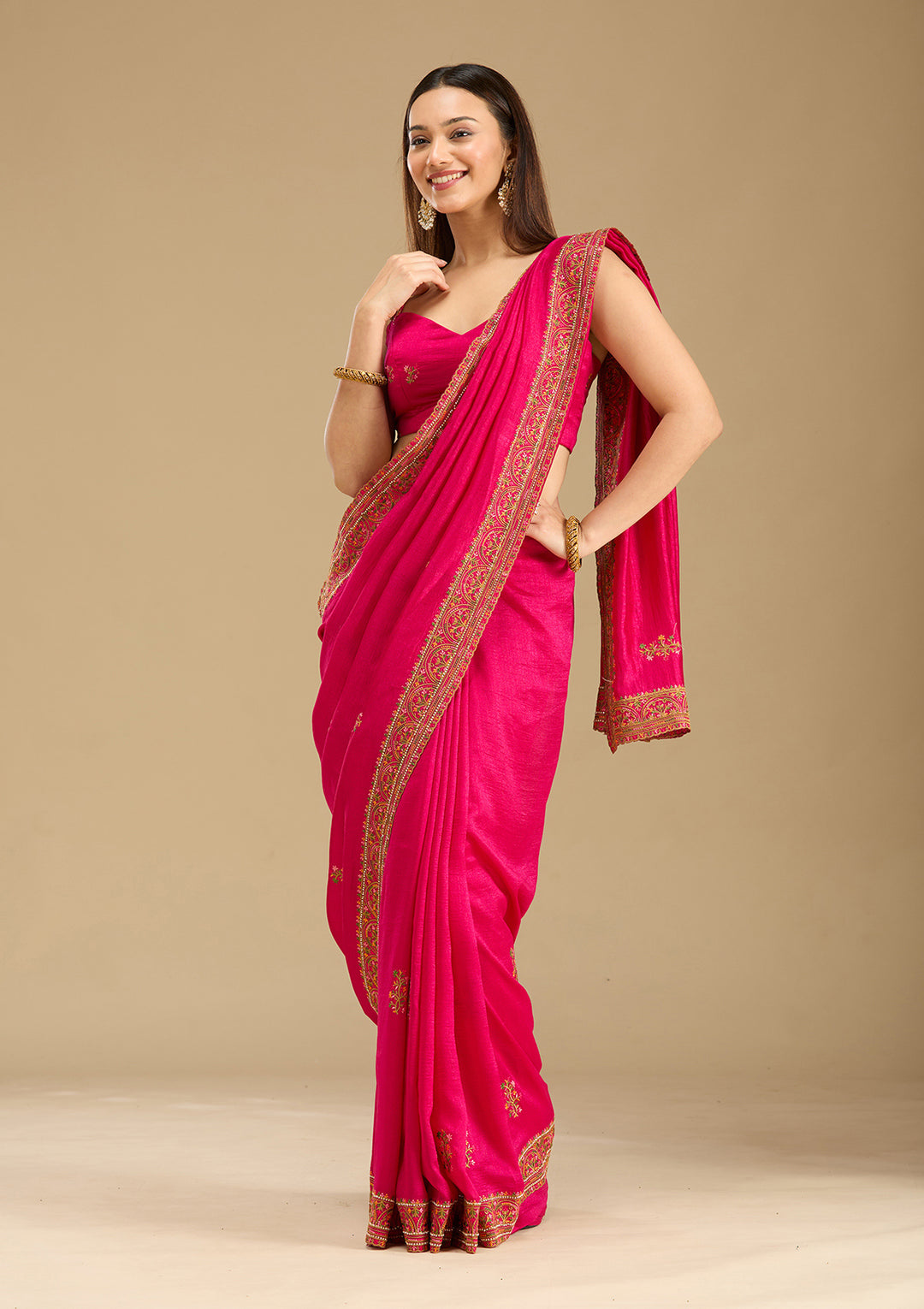 Rani Pink Kashmiri Soft Raw Silk Saree
