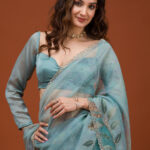 Sky Blue Printed Tissue Saree