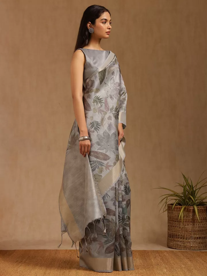 Floral Printed Tussar Saree - Image 3