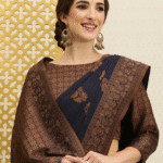 Navy Blue & Bronze-Toned Ethnic Motifs Saree with Beads & Stones