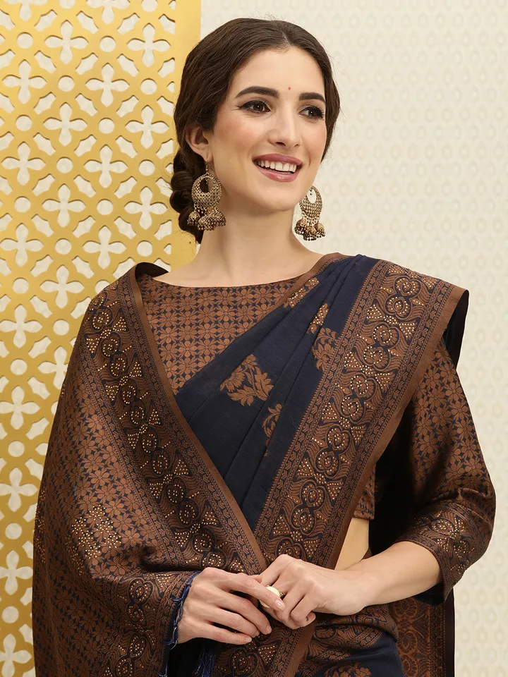 Navy Blue & Bronze-Toned Ethnic Motifs Saree with Beads & Stones