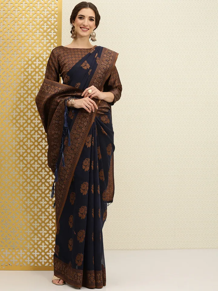 Navy Blue & Bronze-Toned Ethnic Motifs Saree with Beads & Stones - Image 2