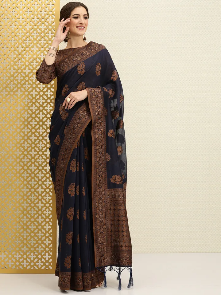 Navy Blue & Bronze-Toned Ethnic Motifs Saree with Beads & Stones - Image 4