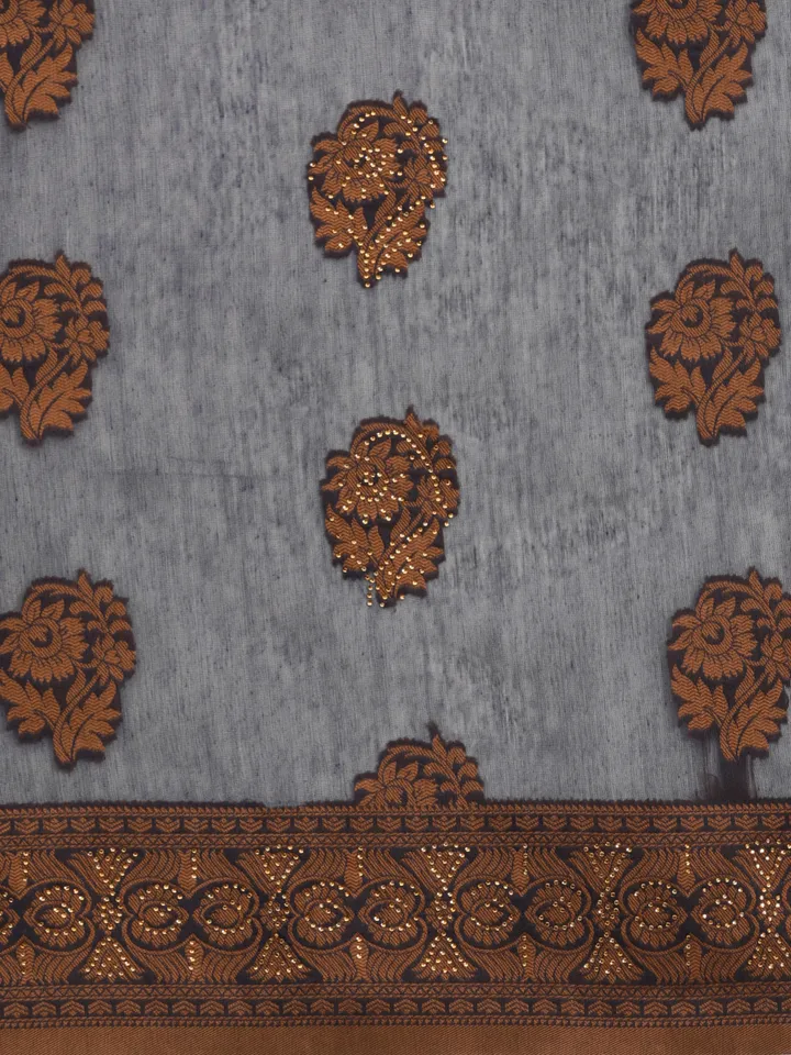 Navy Blue & Bronze-Toned Ethnic Motifs Saree with Beads & Stones - Image 5