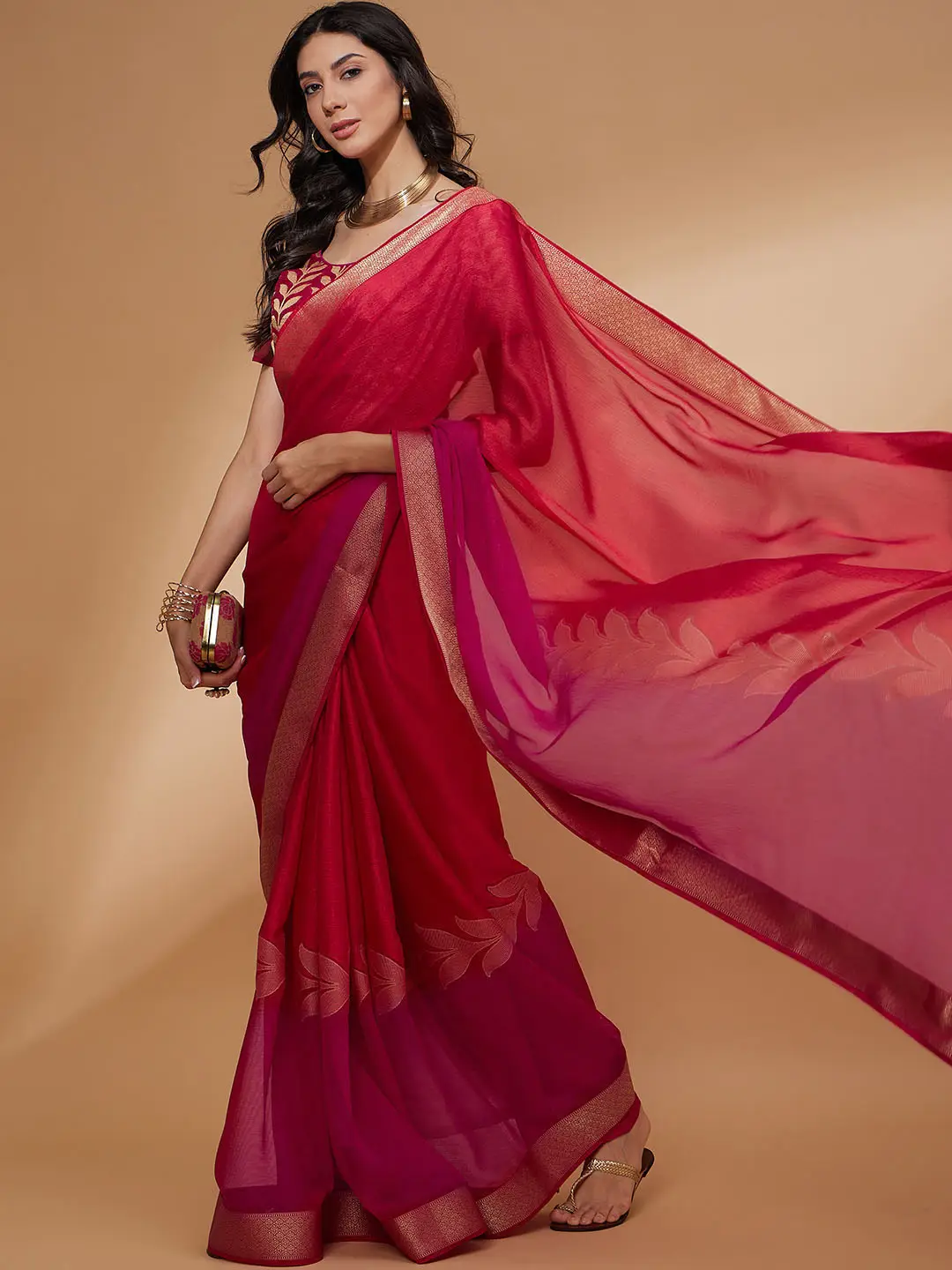Floral Woven Design Saree in Breathable Pure Chiffon - Image 2