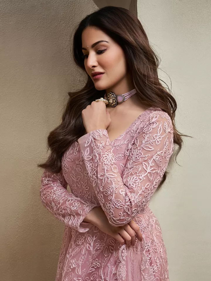 Floral Embroidered Thread Work Kurta Set with Trousers & Dupatta - Image 2