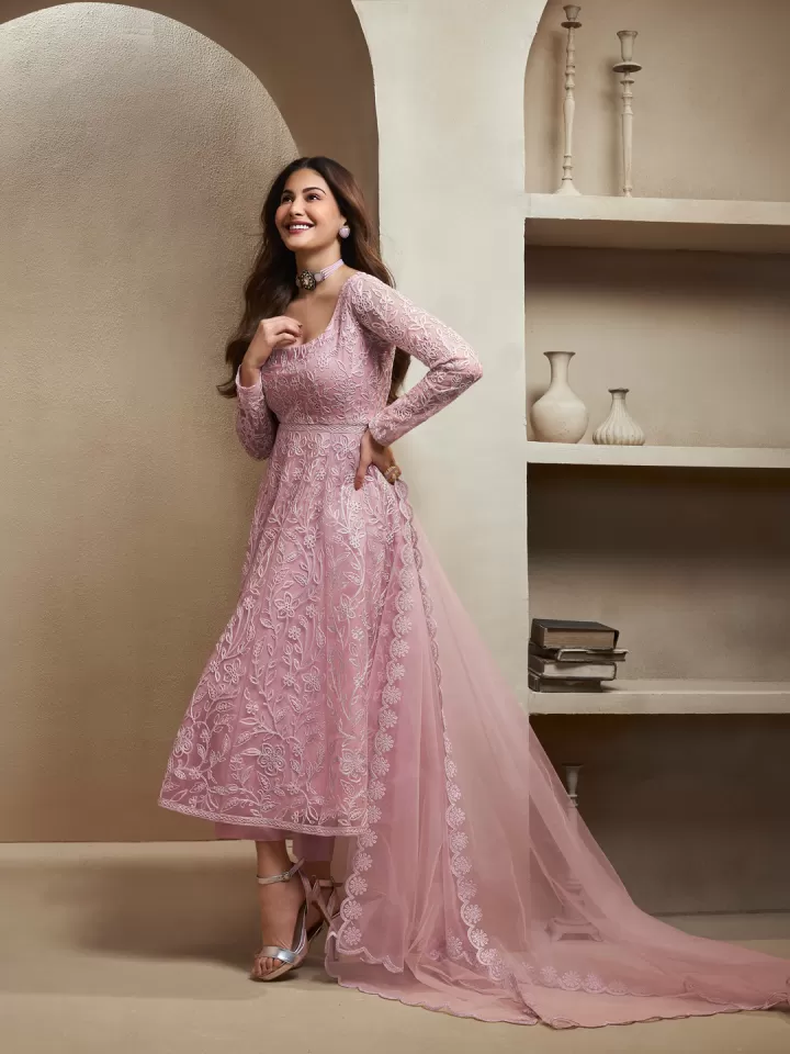 Floral Embroidered Thread Work Kurta Set with Trousers & Dupatta - Image 4