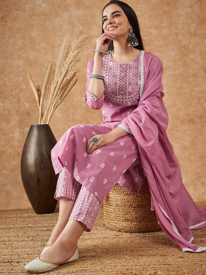 Floral Printed Pure Cotton Kurta with Trousers & Dupatta