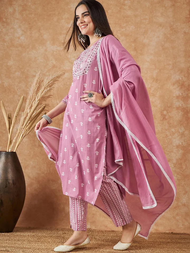 Floral Printed Pure Cotton Kurta with Trousers & Dupatta - Image 5
