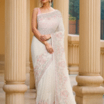 Cream-Coloured Floral Embroidered Pure Georgette Heavy Work Saree