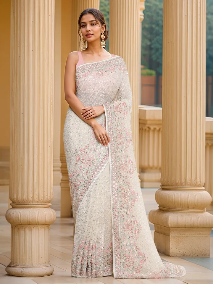 Cream-Coloured Floral Embroidered Pure Georgette Heavy Work Saree