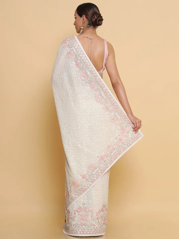 Cream-Coloured Floral Embroidered Pure Georgette Heavy Work Saree - Image 4