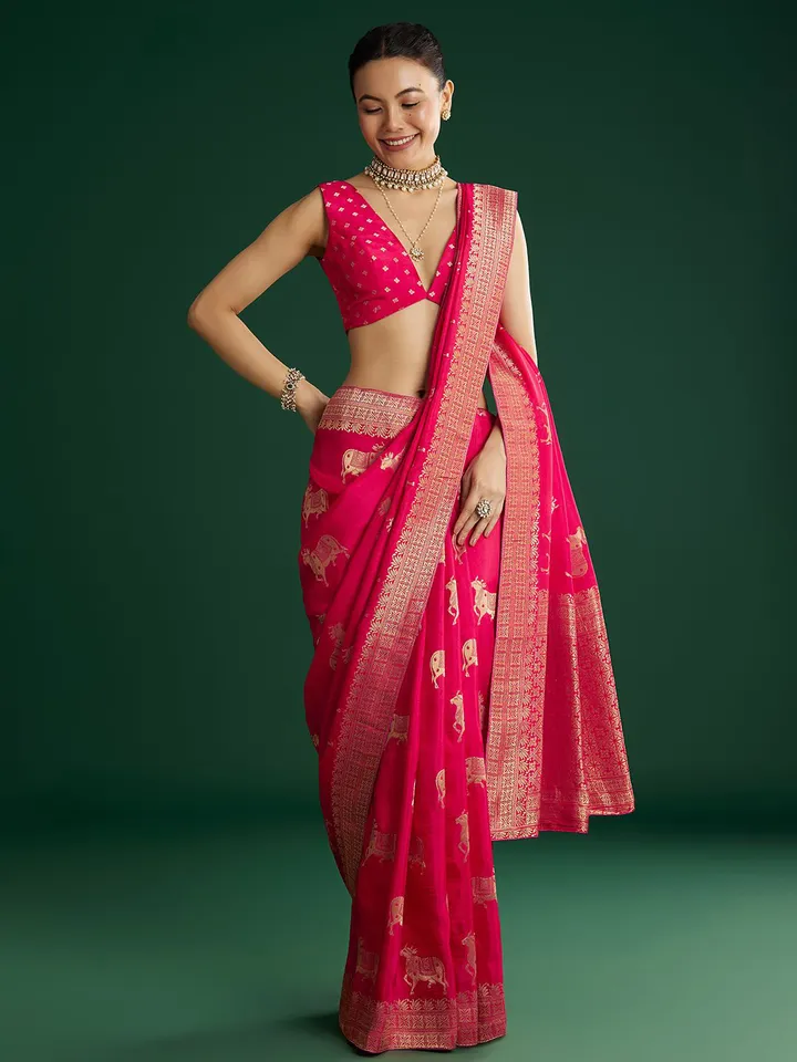 Ethnic Motifs Woven Design Saree With Blouse Piece - Image 3