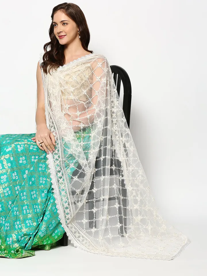 Off White & Gold-Toned Embroidered Dupatta with Zari - Image 3