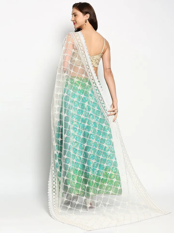 Off White & Gold-Toned Embroidered Dupatta with Zari - Image 5