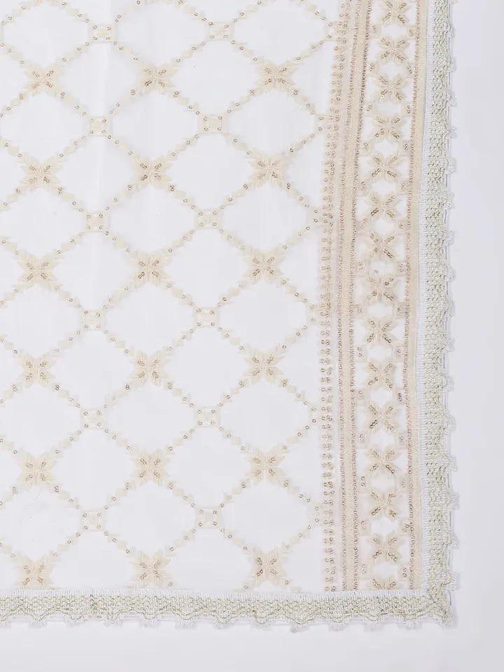 Off White & Gold-Toned Embroidered Dupatta with Zari - Image 6