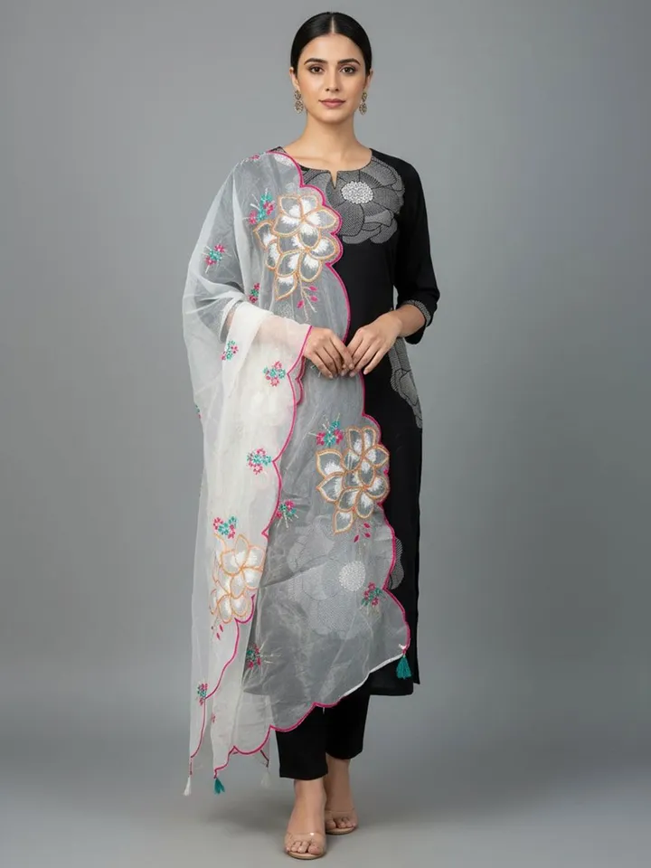 Women Floral Thread Work Embroidered Dupatta