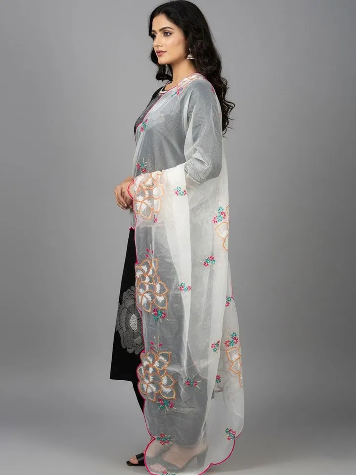 Women Floral Thread Work Embroidered Dupatta - Image 3