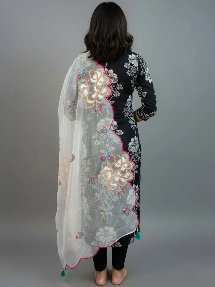 Women Floral Thread Work Embroidered Dupatta - Image 4