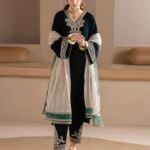 Floral Embroidered V Neck Zari Velvet Kurta With Trousers & Dupatta