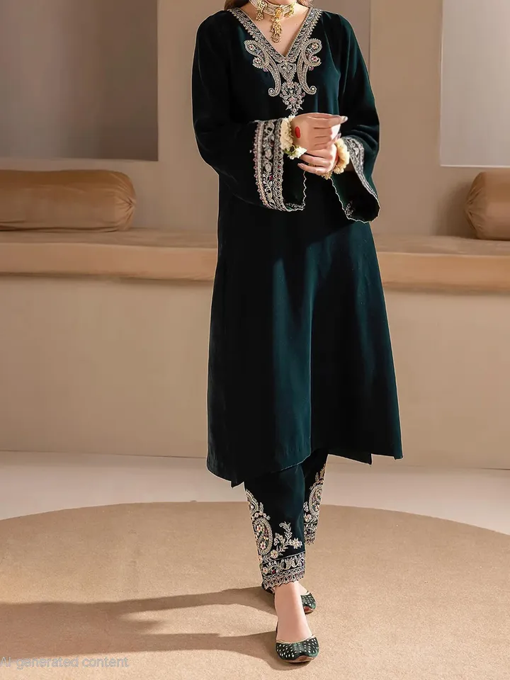 Floral Embroidered V Neck Zari Velvet Kurta With Trousers & Dupatta - Image 2