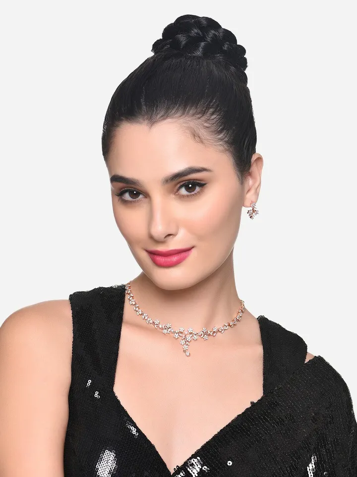 Rose Gold-Plated CZ-Studded Necklace & Earrings - Image 6