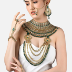 Gold-Plated Green & White Kundan-Studded & Beaded Bridal Jewellery Set