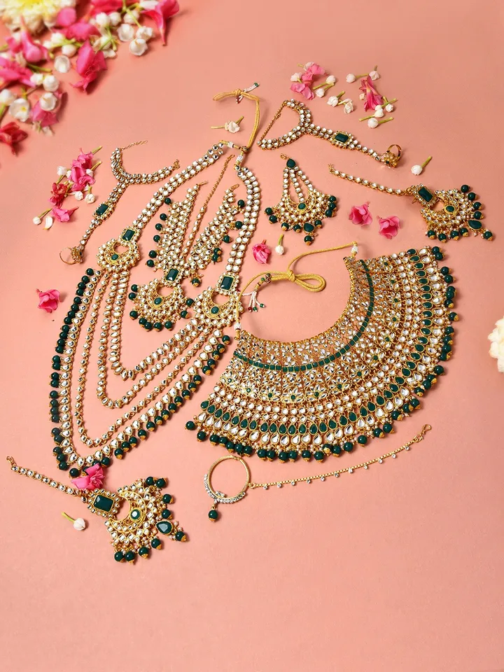 Gold-Plated Green & White Kundan-Studded & Beaded Bridal Jewellery Set - Image 2