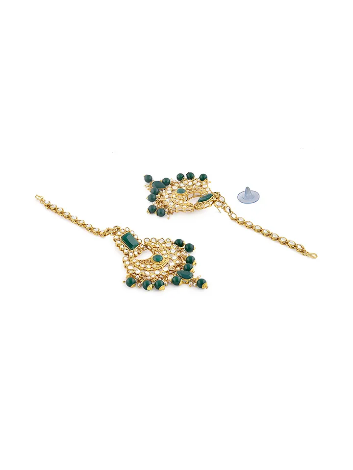 Gold-Plated Green & White Kundan-Studded & Beaded Bridal Jewellery Set - Image 4
