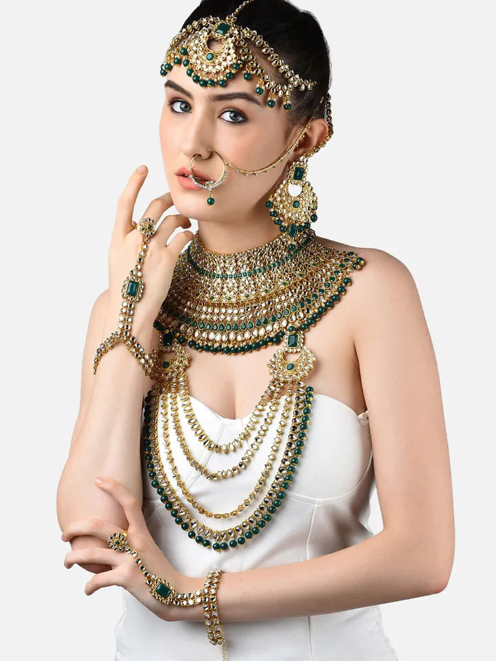 Gold-Plated Green & White Kundan-Studded & Beaded Bridal Jewellery Set - Image 5