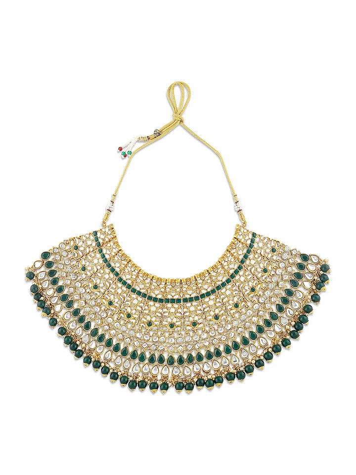 Gold-Plated Green & White Kundan-Studded & Beaded Bridal Jewellery Set - Image 7