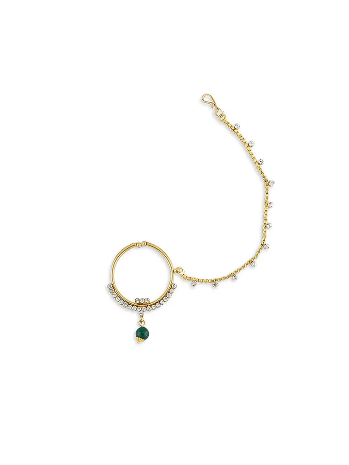 Gold-Plated Green & White Kundan-Studded & Beaded Bridal Jewellery Set - Image 9