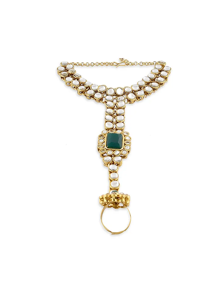 Gold-Plated Green & White Kundan-Studded & Beaded Bridal Jewellery Set - Image 10