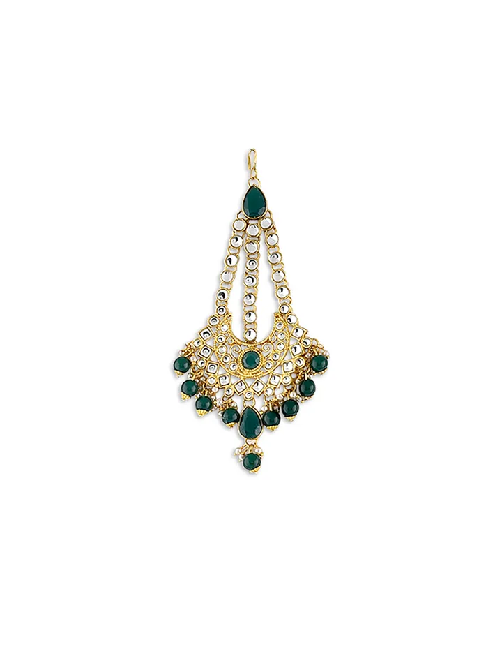 Gold-Plated Green & White Kundan-Studded & Beaded Bridal Jewellery Set - Image 11
