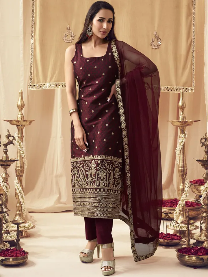 Maroon Floral Embroidered Square Neck Straight Kurta with Trousers & Dupatta