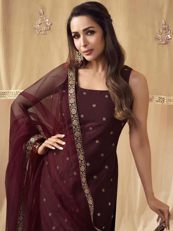 Maroon Floral Embroidered Square Neck Straight Kurta with Trousers & Dupatta - Image 2