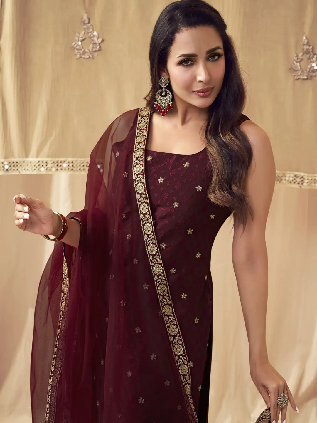 Maroon Floral Embroidered Square Neck Straight Kurta with Trousers & Dupatta - Image 7
