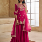 Ethnic Motifs Embroidered Sequinned Scalloped Kurti with Sharara & Dupatta