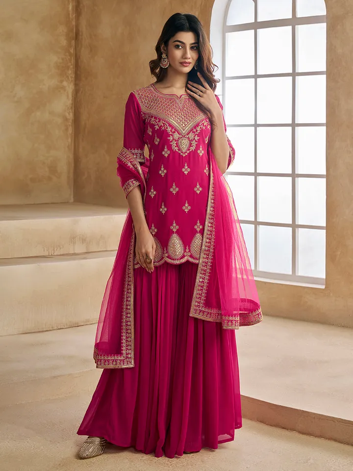 Ethnic Motifs Embroidered Sequinned Scalloped Kurti with Sharara & Dupatta