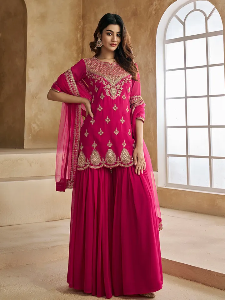 Ethnic Motifs Embroidered Sequinned Scalloped Kurti with Sharara & Dupatta - Image 6