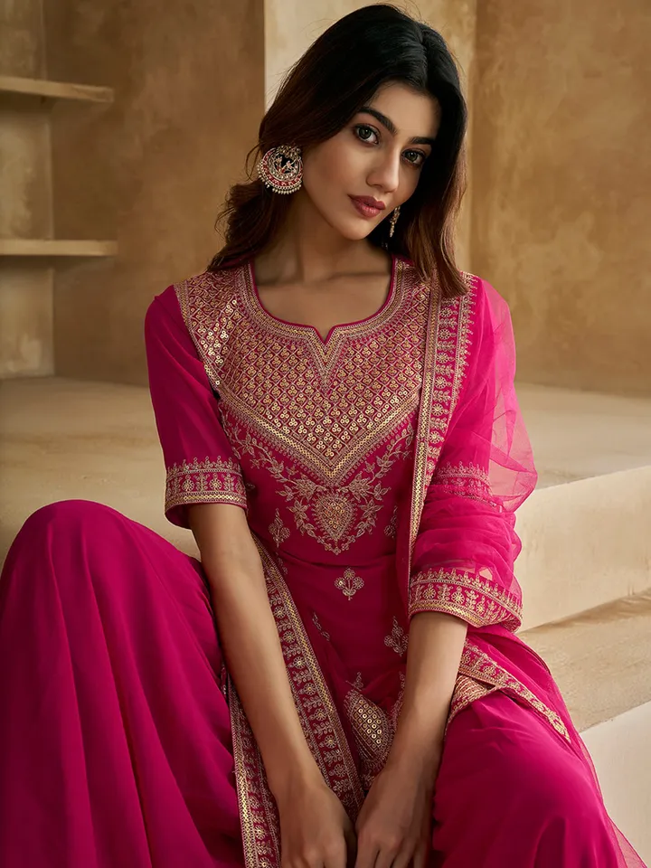 Ethnic Motifs Embroidered Sequinned Scalloped Kurti with Sharara & Dupatta - Image 5