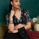 Embroidered Cotton V Neck Saree Blouse With Sequins