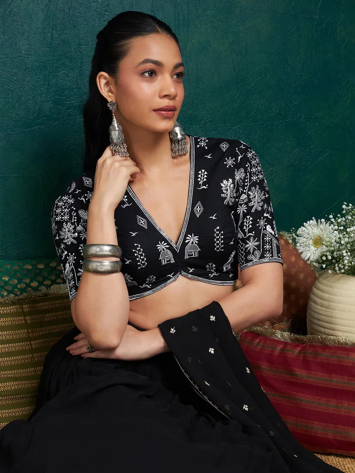 Embroidered Cotton V Neck Saree Blouse With Sequins