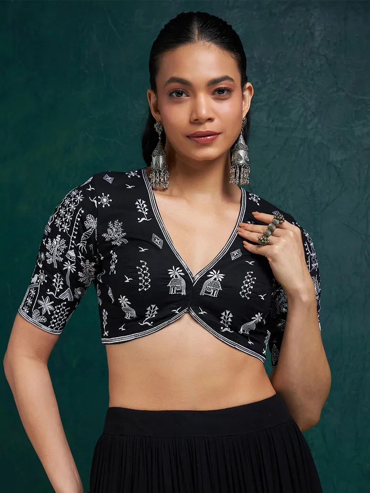 Embroidered Cotton V Neck Saree Blouse With Sequins - Image 2