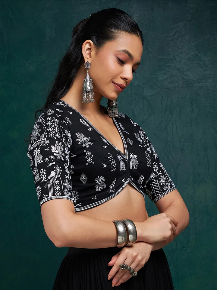 Embroidered Cotton V Neck Saree Blouse With Sequins - Image 3