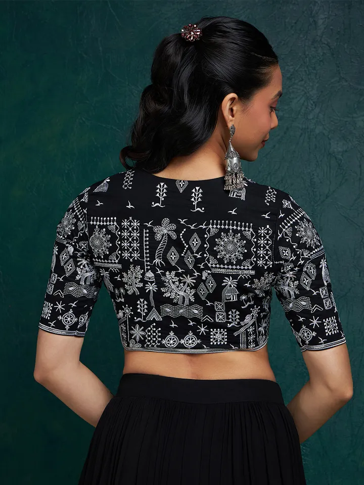 Embroidered Cotton V Neck Saree Blouse With Sequins - Image 4