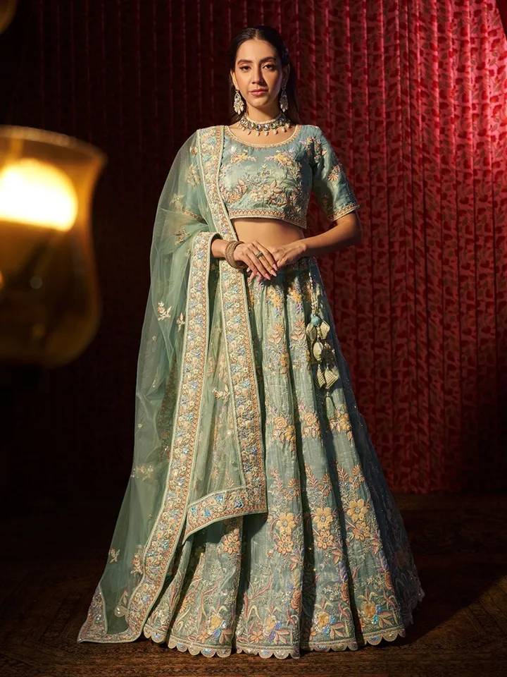 Embroidered Beads and Stones Organza Semi-Stitched Lehenga Choli - Image 3