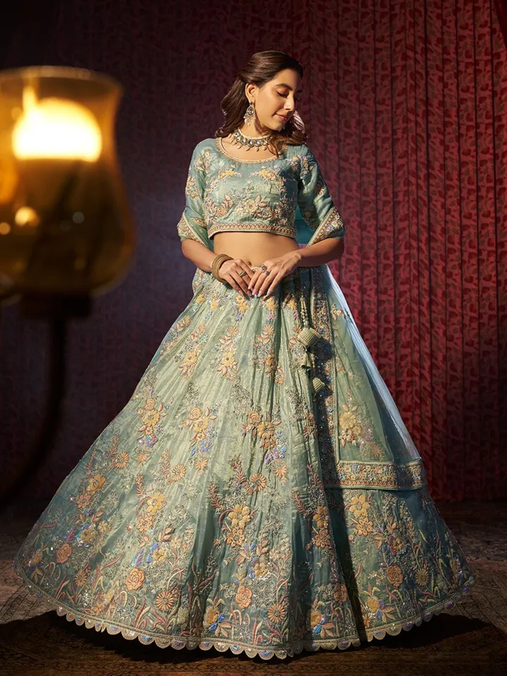 Embroidered Beads and Stones Organza Semi-Stitched Lehenga Choli