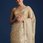 Gold-Toned Saree in Tissue Fabric Elevated with Floral Embroidery