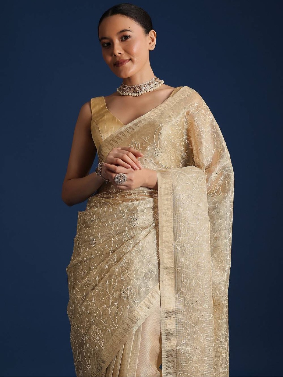 Gold-Toned Saree in Tissue Fabric Elevated with Floral Embroidery